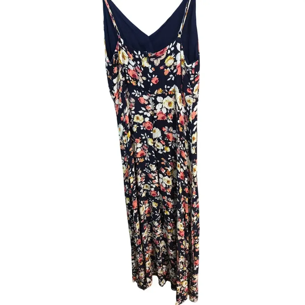 Lulus Navy Floral Maxi Dress M Sleeveless V-Neck Back Zip Side Slit Wedding